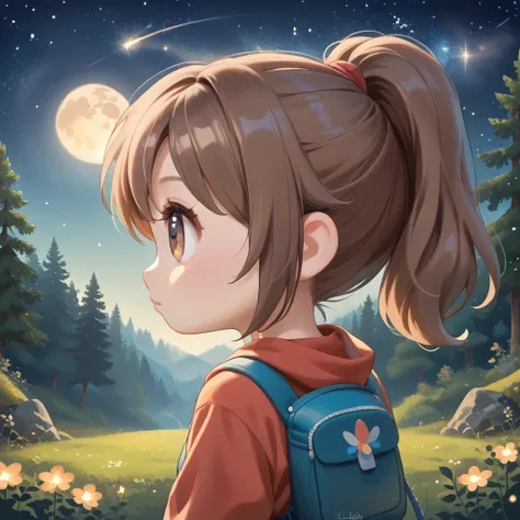 (1 chibi girl, solo:1.2), cute, big droopy eyes, brown eyes, medium brown hair, ponytail,
(starry sky), midnight, (meteor shower), star glitter, looking up, back shot, dynamic lighting,
digital art forest, (masterpiece, best quality, hyper detailed:1.2),