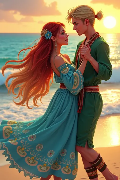  with long blond red hair with blue/green eyes with a light blue indigenous dress dancing with a blond boy with blue eyes with green indigenous dress on the beach manga style 