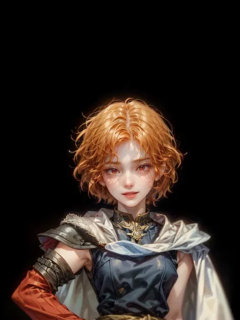 (absurdres, highres, ultra detailed, HDR), masterpiece, perfect face, detailed face, intricate details, extremely detailed character profile, best quality close-up picture, rpg, fire emblem character, armor with cape outfit, red eyes, orange hair, short bo...