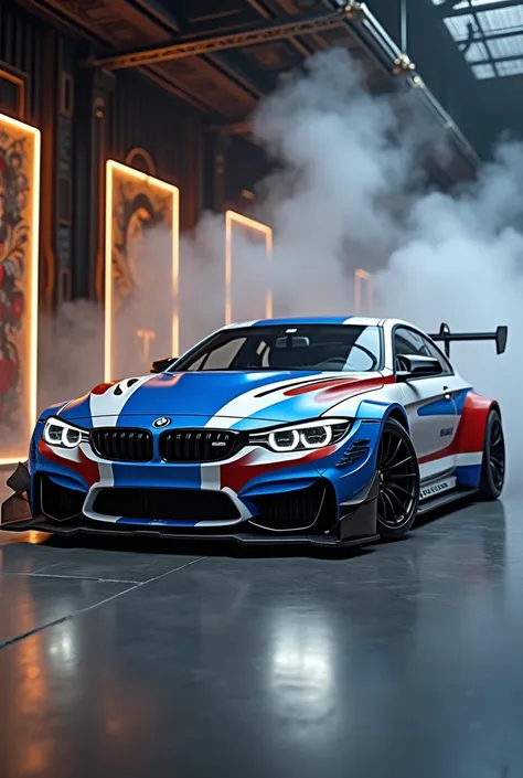 Photoshot BMW Need for speed modified car in blue and white.
In a studio room full of luxurious decor and there is white smoke