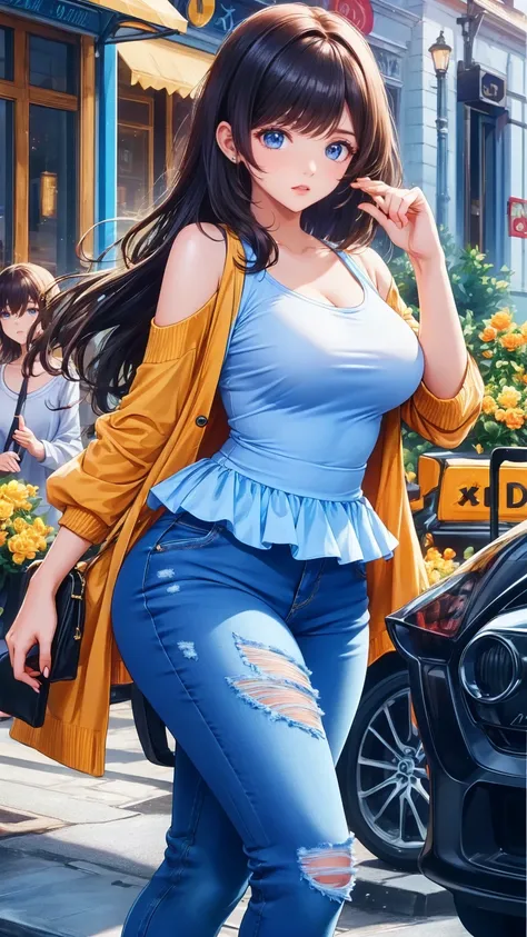 Adult women, Curvy thick body , DD size breasts ,  black hair,  shoulder length hair,  black hair in a  shoulder length hairstyle,  light blue eyes ,  with an adult-like face ,  is very beautiful, Intimidating look,  feminine style clothes, Peplum shirt, j...