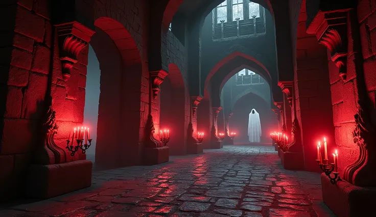  Image of the interior of a medieval rock castle shelter for vampires,  is illuminated by candles , sails 
 Red 