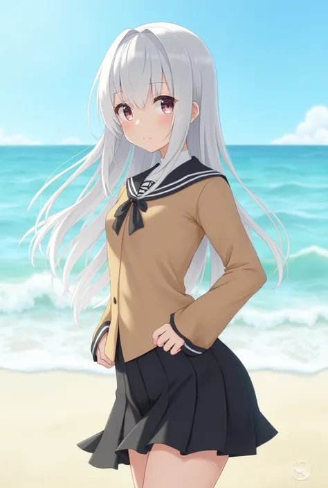 ((masterpiece)), ((best quality)), ((highres)), ((extremely detailed CG unity 8k wallpaper)), solo, tachibana kanade, tan school uniform, black skirt, white socks, outdoors, face, curtained hair, beach, parted hair, silver hair