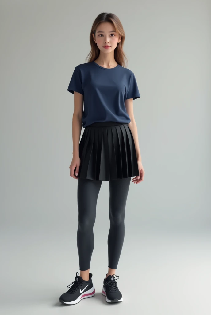 Make me an image of a girl wearing a navy blue t-shirt ,  black pleated skirt , sports shoes and tights ,