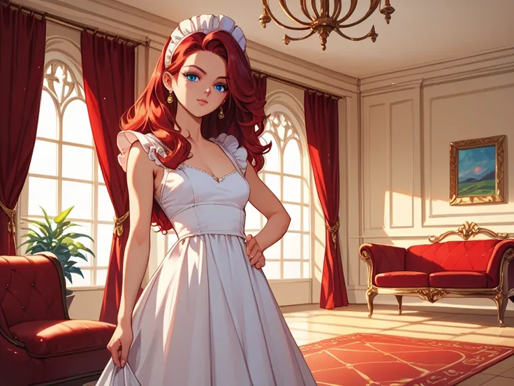 A red hair blue eyes young girl in a maid suit and white garter stocking stand in the huge luxurious living room，Bright indoor lighting，The interior decoration is retro and luxurious