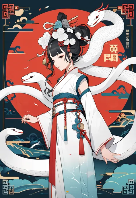 cover page, The Legend of the White Snake, Bai she zhuàn , flat Design, vector illustrations, graphic illustration, detailed 2d illustration, flat illustration, digital illustration, digital artwork,