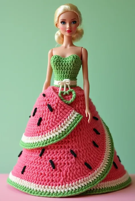 Create a Barbie doll using a crochet dress with cotton thread that resembles a watermelon