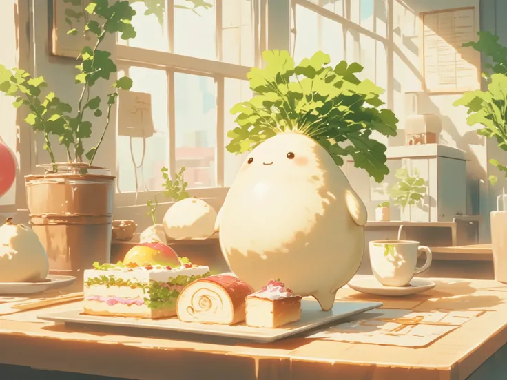  living daikon , Belly protruding, Morning Moments, Dress Up,  at a nice cafe where fans go、 daikon makes baked cakes and 、 sandwiches , Cafe Master, Under the light of day,  anthropomorphic daikon ,  teddy bears ,  daikon with legs ,  white radish,  cafes...