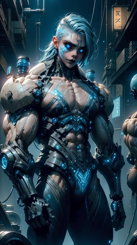 (1 girl), (Cara delevingne:1.25), beautiful teenage muscular goth cyborg androgyn, (black sclera:1.25), (blue glowing eyes:1.25), (blue glowing body veins:1.25),(((muscular bodybuilder physique:1.45))), ((((extreme muscular hypertrophy:1.25)))), (flat musc...