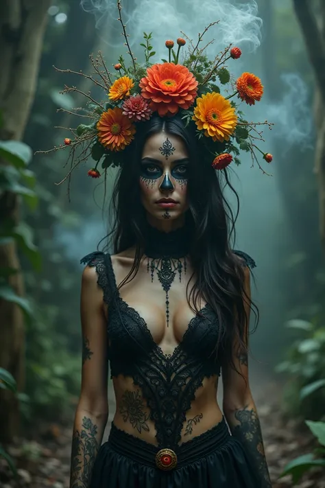  Hybrid front art photograph  ,  frontal artistic photograph of a witch woman of extraordinary beauty , 23 years old, latina, mexican, real details of the body  , Average height,  long legs,  Catrina on the Day of the Dead with little  , unusual pose,  a l...