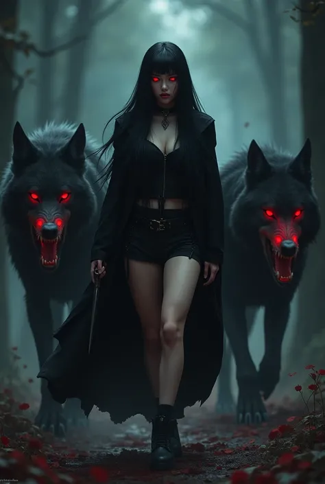 A woman of South Korean origin , long straight black hair , Her eye color is red ,  alpha and werewolf leader with bright red eyes,  wearing black alpha clothing , linda, light skin, on-korean, black short shorts, wearing a long black cape , bloodstained c...