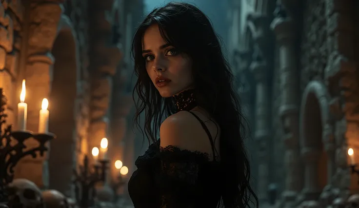  Close of a goth brunette vampire woman  ,  she is inside an obscure rock castle,  with burning candles , human skulls , Its a dark night ,   illuminated by fire , scary