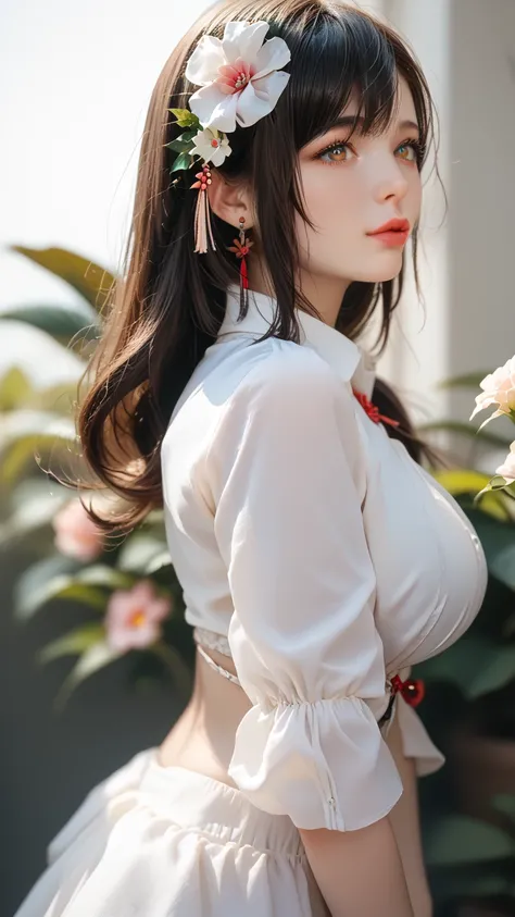 Loli anime girl,  realistic shadows ,   Detailed Skin , Large Breasts,  dark haired,  Very Detailed , 8k high-detail facial ,  perfect facial contouring , Full, perfect lips, Perfect nose, Beautiful eyes,  Watch viewers ,  White Shirt , Hair Flower, master...