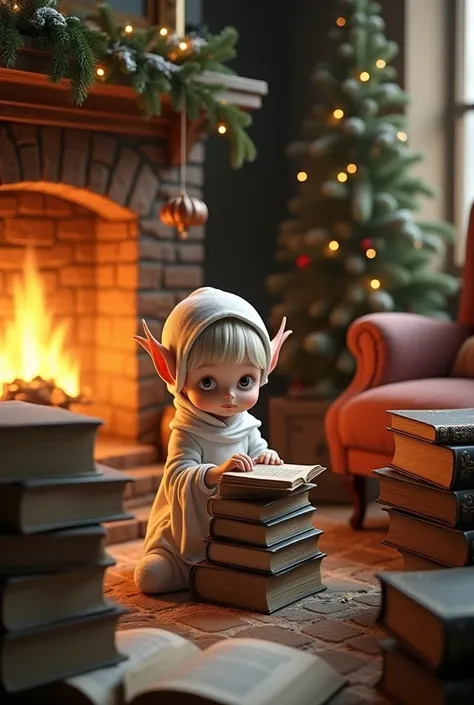 Little white elf with stacks of books in the fireplace room Christmas 