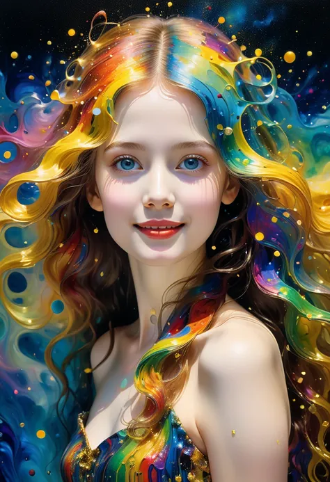 Works by Gustav Klimt, level difference:1.8),(Paint colliding and splashing on the canvas),(depth of field),1girls side face blends into it,((side face)),open mouth,SMILE, PERFECT TOOH,serene expression,(liquid paint rainbow hair:1.1) made of paint and def...