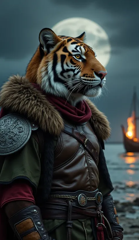 Ultra realistic, hyper-detailed image of a bearded tiger fused with a human, full-body anthropomorphized figure, showcasing lifelike fur textures, realistic muscle definition, and intricate facial features. The figure wears Viking-style armor and clothing,...