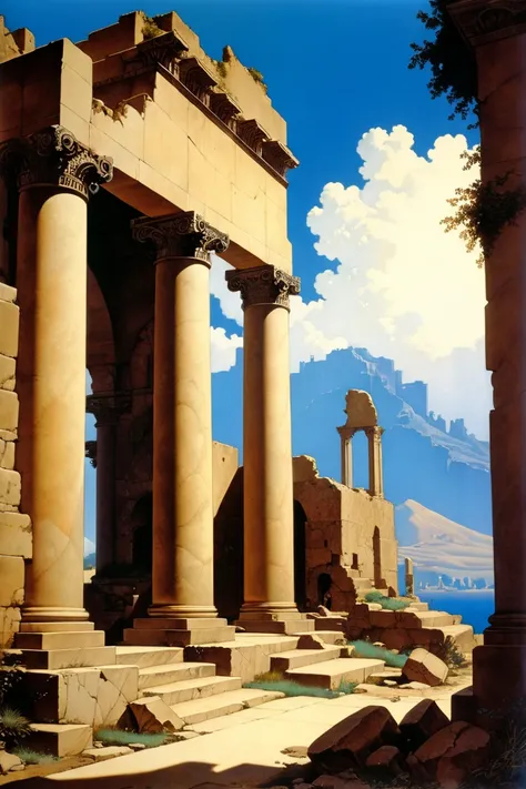 Ancient City Ruins. by Maxfield Parrish.
best quality, masterpiece, intricate details, ultra-detailed