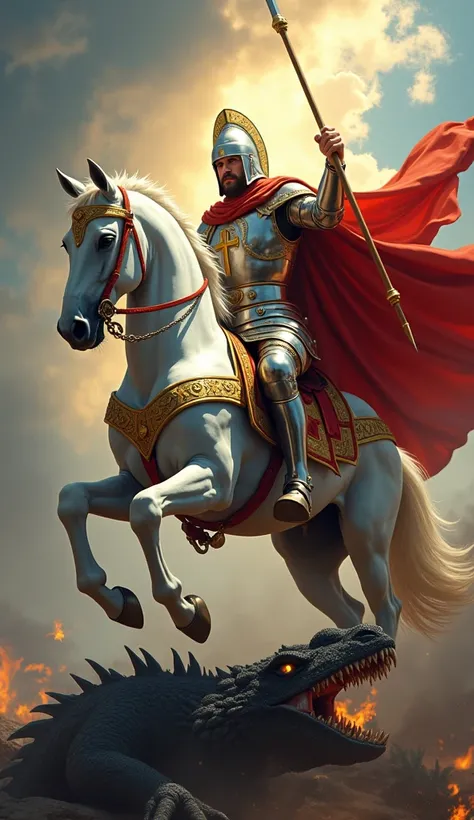 "Saint George, the warrior saint ,  represented in an imposing scene full of symbolism .  He is riding a majestic white horse ,  with a firm and determined posture . Saint George veste uma armadura de prata brilhante com detalhes dourados, a shining helmet...