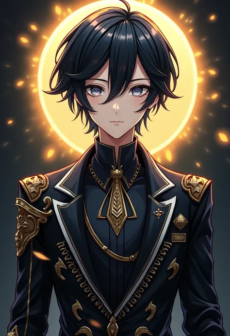 A stylish anime portrait of a young man with short, dark hair, striking light-gray eyes, and a sophisticated, dark-colored outfit featuring intricate, metallic, and geometric patterns, rendered in a high-detail, painterly style with a dramatic circular hal...