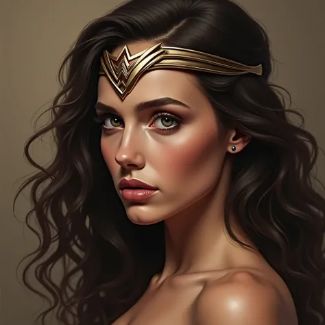 photorealist closeup of wonder woman wearing a tiara, soft clear brown background, looking slightly to her left