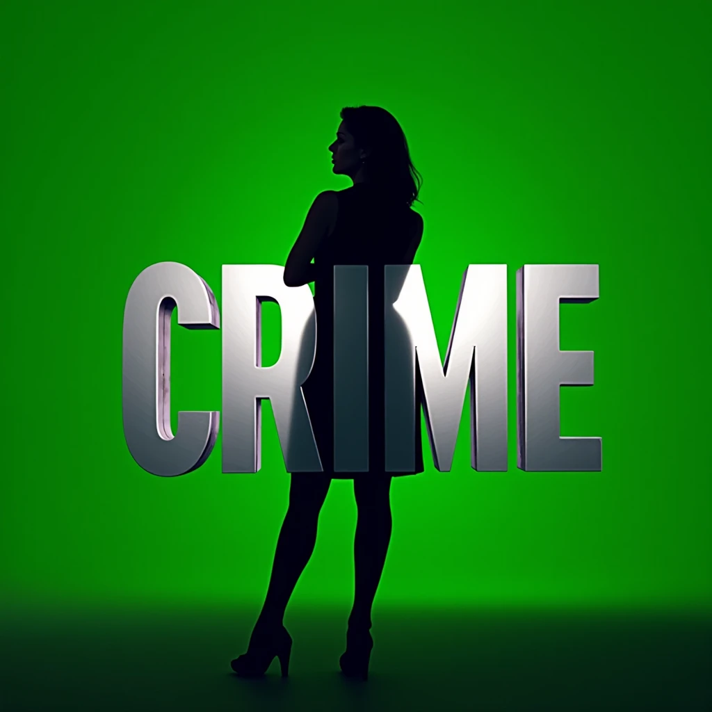 A green background with a silhouette of a woman in black and on the front say crime in white with 3D silver