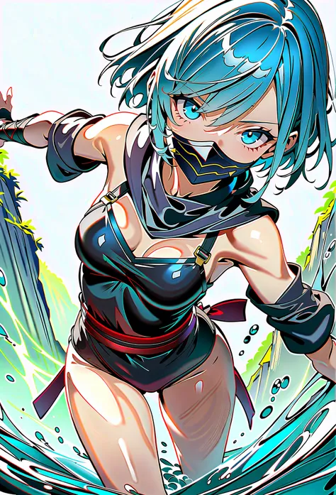  Masterpiece , High Quality, High Resolution, 16k, super detailed background, Kunoichi girl, short cut blue hair, hair over one eye, ninja costume, big eyes, long eyelashes, beautiful eyes, beautiful skin, beautiful legs, slender, small breasts, ninja mask...