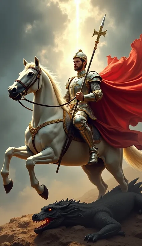 "Saint George, the warrior saint ,  represented in an imposing scene full of symbolism .  He is riding a majestic white horse ,  with a firm and determined posture . Saint George veste uma armadura de prata brilhante com detalhes dourados, a shining helmet...