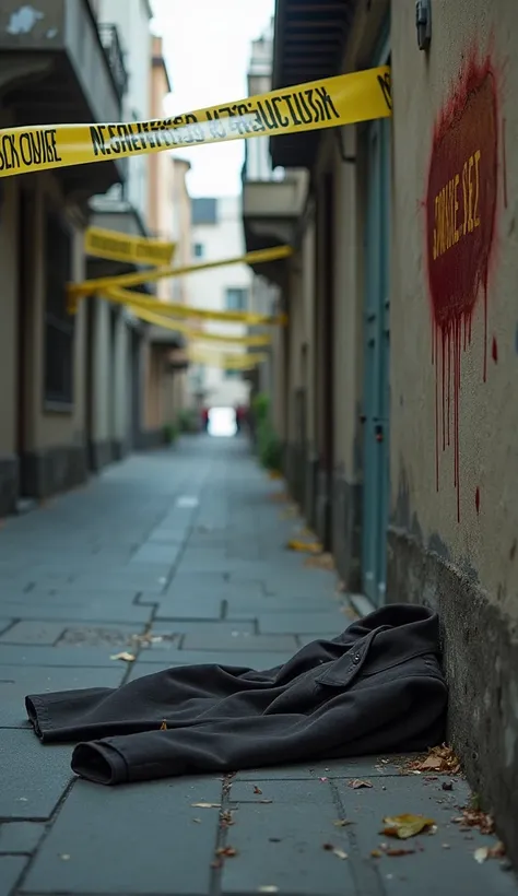  A daytime scene of an empty alley ,  with a womens coat thrown on the floor . On the wall,  a sinister message crossed out with blood that reads :  Another completed work . The environment has a dark tone , even in daylight ,  with the presence of yellow ...