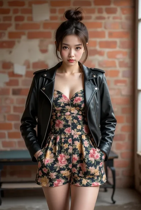 A chic Asian teenage girl in retro 90s grunge-inspired fashion, wearing a floral mini dress layered with a black leather jacket, her hair in a messy bun with loose strands framing her face, standing in front of a vintage brick wall, soft sunlight casting g...