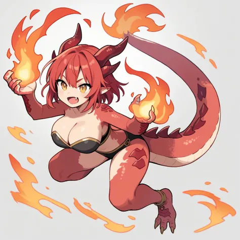 1girl, score_9, red scales, gold eyes, red hair, dragon girl, dragon tail, full body, fang, fire, upper body, cleavage