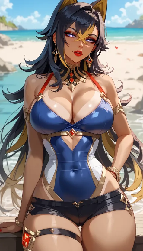  perfect eyes、 Perfectly Sexy Face Swimsuit、 ultra detailed、ultra perfect eyes、with sky-blue cat eyes with yellow pupils、Dehya、Genshin Impact、shiny hair、( Big breasts ), showing cleavage、Tight Waist、 thin waist 、May、 Thigh straps 、 glowing skin、 tanned ski...