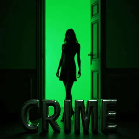 A green background with a silhouette of a woman and a room in black and on the front say CRIME in white with 3D silver