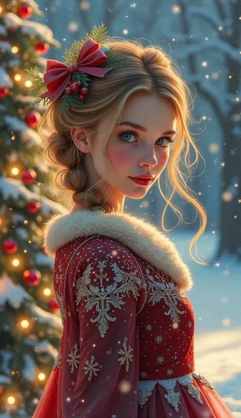 a Christmas woman, front view, winter, Xmas tree,style by  Alice Rahon+Anne Stokes+Callie Fink+Jean-Baptiste Monge ,Thomas Kinkade,watercolor painting,bright, beautiful  in winter, splash,Glittering , cute and adorable,  filigree,  flowers, rim lighting, l...