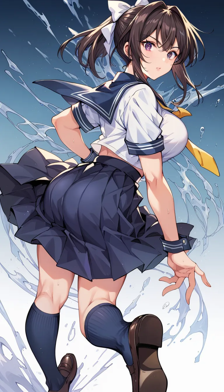 Sailor suit, Navy blue top, Short sleeve jacket with front opening design, The left and right cuffs are white, White, The collar is tied with a white bow, The skirt is a white miniskirt, navy blue high socks, dark brown loafers, Red Hair, Short ponytail, T...