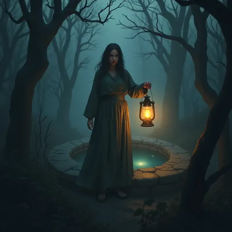  A mother with a determined expression , sosteniendo una linterna,  in front of a well covered by an iron lid in a dark forest. The atmosphere is gloomy ,  with crooked trees ,  thick fog and an air of mystery . Inside the well ,  a ball barely visible in ...