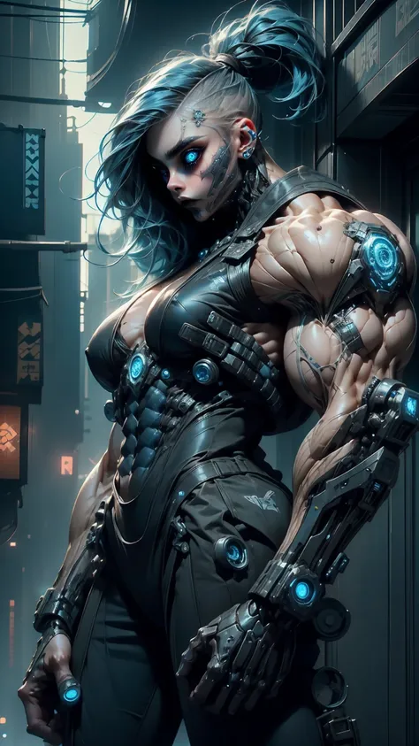 (1 girl), (Cara delevingne:1.25), beautiful teenage muscular goth cyborg girl, (black sclera:1.25), (blue glowing eyes:1.25), (blue glowing body veins:1.25),(((muscular bodybuilder physique:1.45))), ((((extreme muscular hypertrophy:1.25)))), (flat muscular...