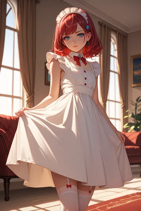 A red hair blue eyes young girl in a maid suit and white garter stocking stand in modern living room, Bright indoor lighting, The décor is modern and simple.