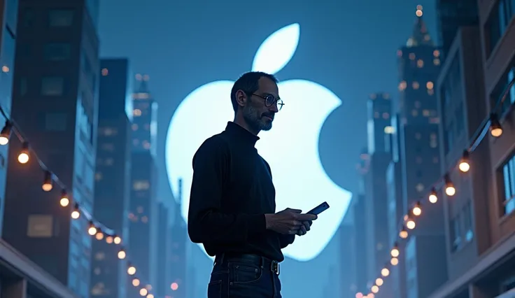 Créez une miniature épique et visuellement percutante pour une vidéo biographique sur Steve Jobs. Sur limage, placez une grande silhouette de Steve Jobs en position de leader, portant son fameux col roulé noir et son jean, avec un iPhone dans la main, illu...