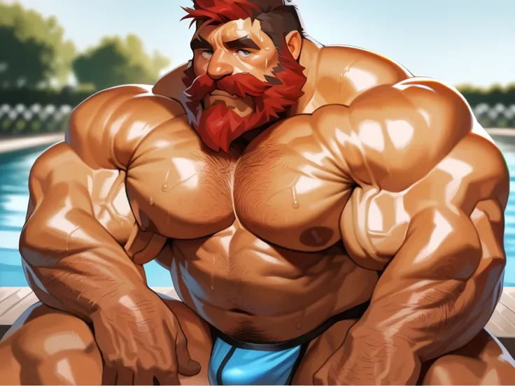 solo, 1boy, huge Muscular (old man, wrinkles skin:1.2, old), portrait, sitting, pool, jockstrap, hand touching beard:1.3, thinking expression, wide shoulder, thick arms, huge muscular old man, red hair, black beard, short hair, mustache, thick beard, look ...