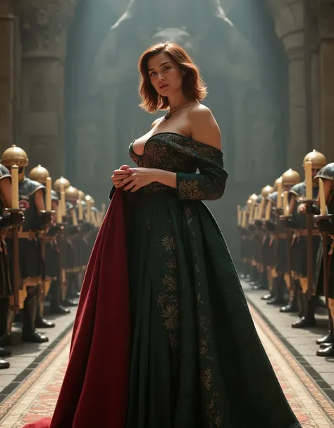 (fullbody shot:1.1): (long shot:1.1): (looks to viewer:1.1): generate landscape image, bright photo 1080P, beautiful XL-size woman 30-35 years 5.1ft with short dark red sort wavy hair her face is brightly lit, stands before the swords throne of Targaryen i...