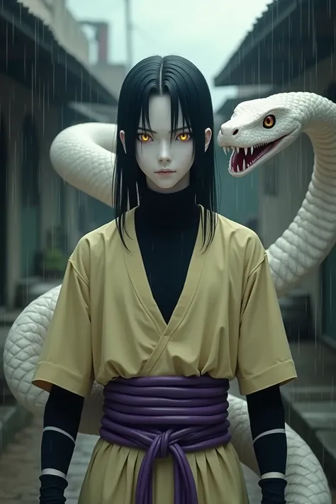 He is the real life version of Orochimaru,Japanese cool man, 20 years old, has long hair with bangs that are parted to the side,Having yellow eyeballs like snake eyeballs,Very pale white skin, pack , yellowish cream colored shirt,(Wearing black arm cuffs),...