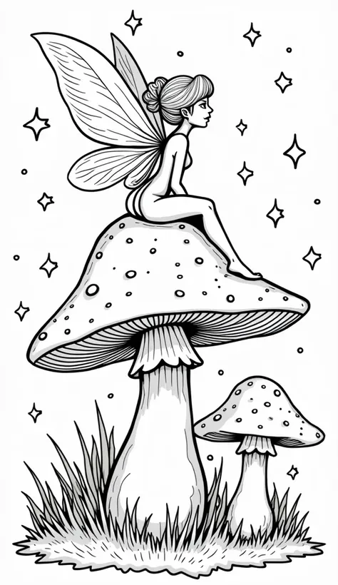 "Generate a fairy sitting on a mushroom surrounded by stars, using black-and-white outlines only."