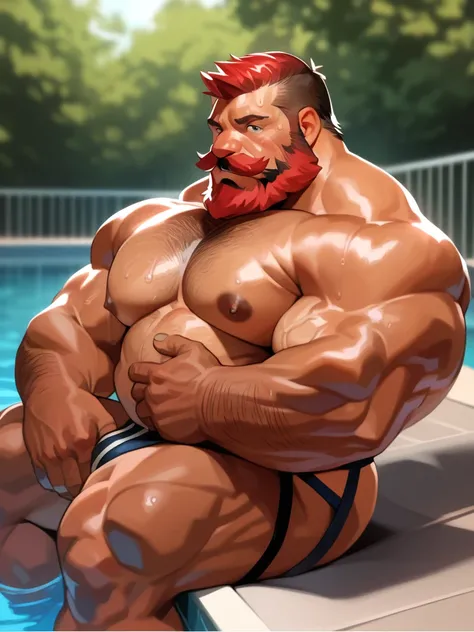 solo, 1boy, huge Muscular (old man, wrinkles skin:1.2, old), portrait, sitting, pool, jockstrap, hand touching beard:1.3, thinking expression, wide shoulder, thick arms, huge muscular old man, red hair, black beard, short hair, mustache, thick beard, look ...