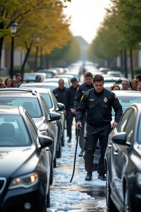 
firefighters in black suits washing private cars with happy people with foam