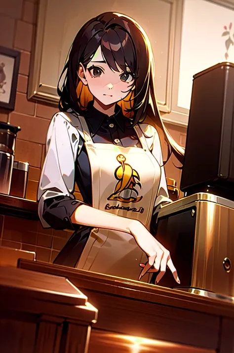 (  Masterpiece ),  best quality,  Working in a coffee shop***, she she is  make coffee  in a machine,  make coffee ,  perfect face,  s expressive eyes ,  brown apron,  coffee shop interior ,  long hair,Bangs,black hair,cute girl,  pers with decor, (  knigh...