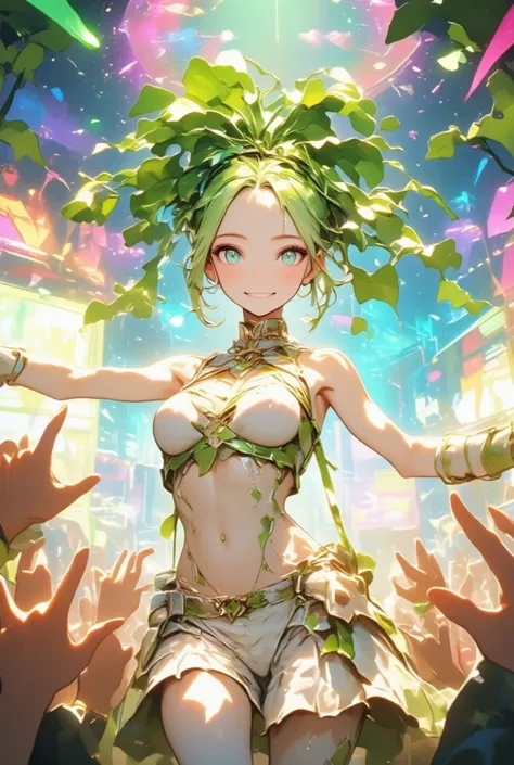 Scene of a virtual idol greeting her viewers in a lively virtual concert setting,BREAK,(Virtual idol woman, personification of a daikon, vibrant green hair, pale white skin, charming and energetic expression, wearing a futuristic outfit with daikon-themed ...