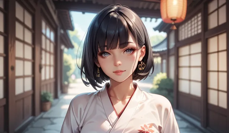  girl ,  face is half covered with a well-shaped Oni shirt, black hair, square, Japanese-themed clothes and background 