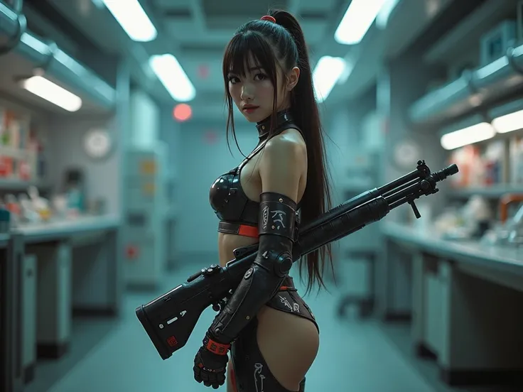  I take a picture of a beautiful sci-fi warrior,  Japanese style ,  Full body image , sexy armor , do not wear pants, Sexy topless , There are enough five fingers ,  to turn to the camera.,  high definition detailed photo, extreme sci-fi rifle wielder on t...