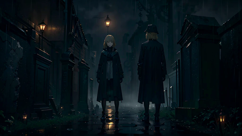 grave yard, blond girl in black coat standing there in rain and fog, sad atmosphere, movie