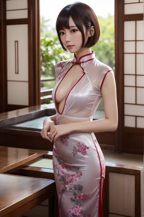 Japanese woman, (((flat chest))), ((small breasts)), See-through Cheongsam, Ultra-thin fabric, early 40s, Realistic, short hair